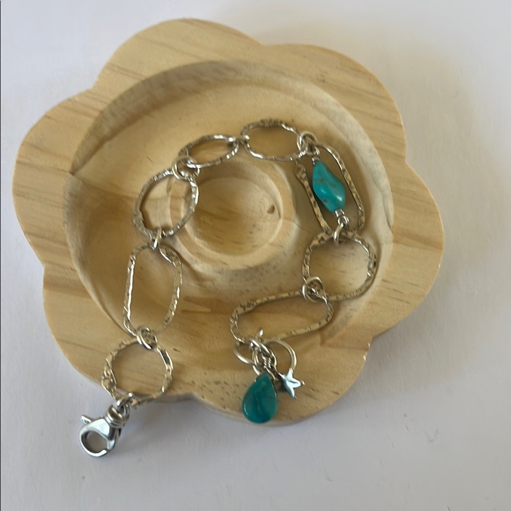 Reclaimed Sterling Silver Hammered Link Bracelet w Turquoise